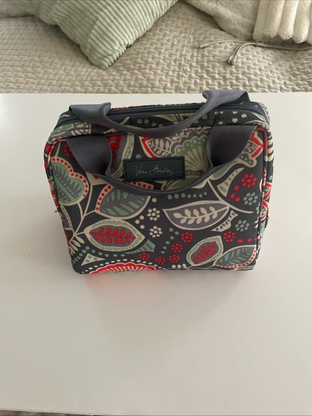 Vera Bradley Gray Floral Leaf Print LUNCH Tote with Red & Green Accents